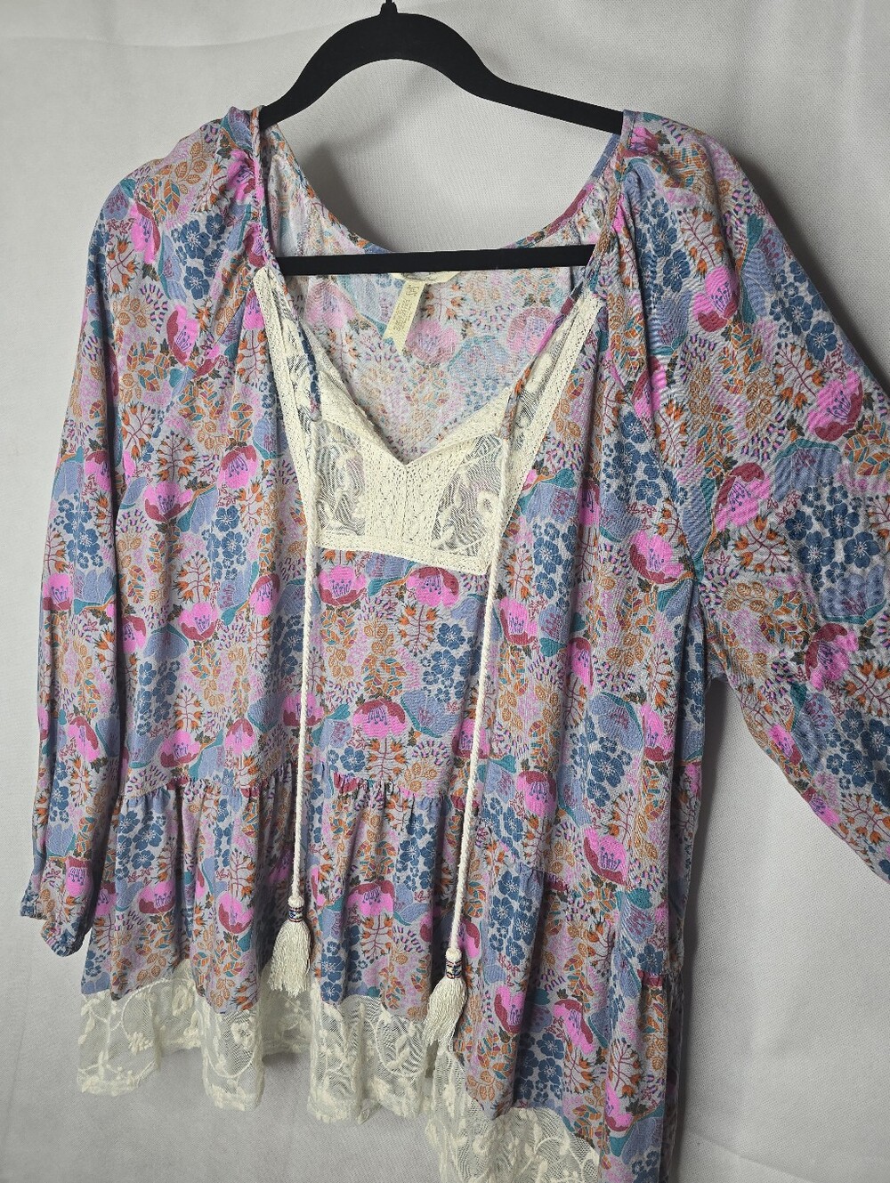 Matilda Jane Floral Top Pink Blue Lace Trim Tassel Tie Long Sleeve Boho Cottage